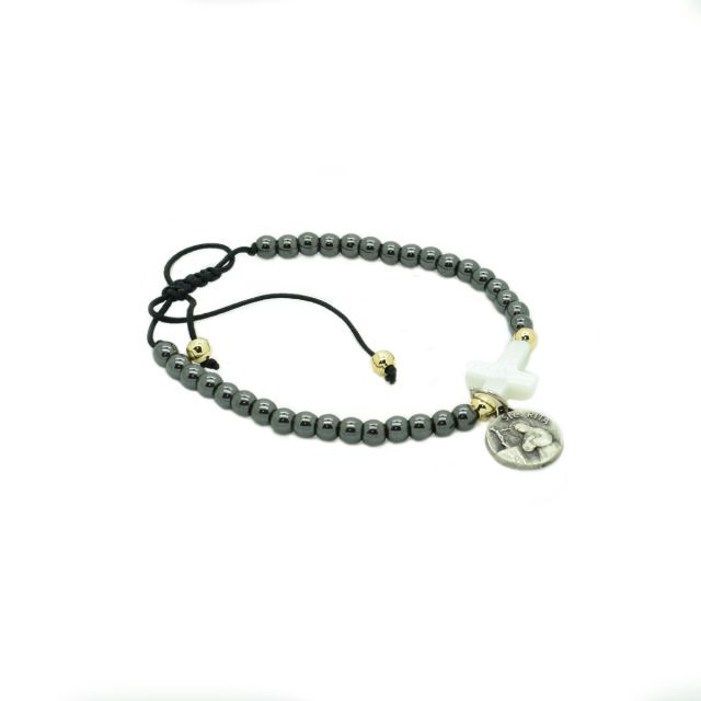 Bracelet hématite et croix en nacre 