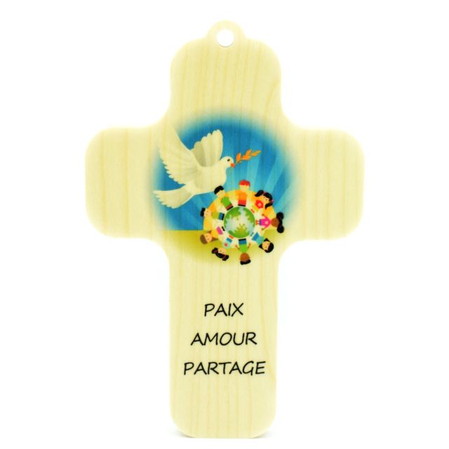 Croix en bois "Paix, Amour, Partage"