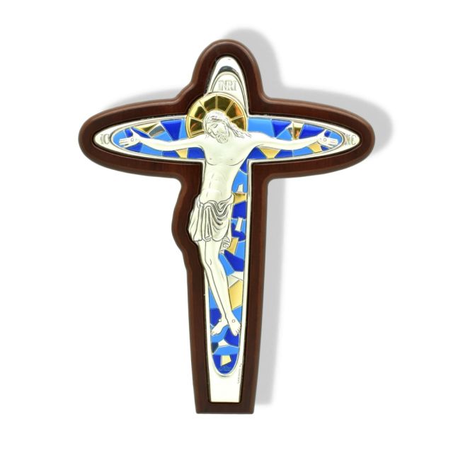 Crucifix vitrail bleu