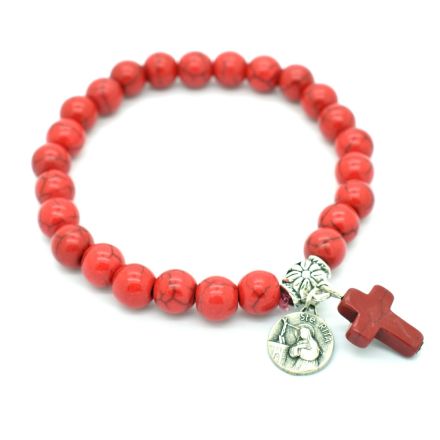Bracelet rouge avec croix et médaille de Sainte Rita