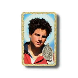 Carte médaille métal avec prière au Bienheureux Carlo Acutis.