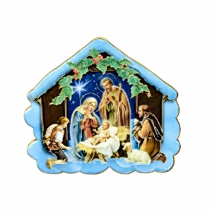 Magnet crèche Sainte Famille dans cabane 6 x 5,5 cm