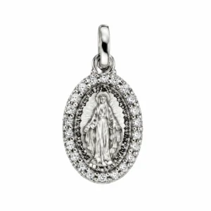 Pendentif Argent Rhodié Recto/Verso OVALE Miraculeuse Contour Oxydes Blancs sertis