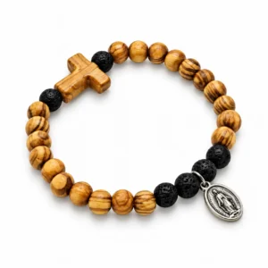 Bracelet grains bois couleur noir et marron + croix de Tau