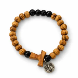 Bracelet grains bois couleur noir et marron + croix de Tau