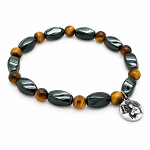 Bracelet dizainier / élastique oeil de tigre & hématite  avec médaille Ste Rita