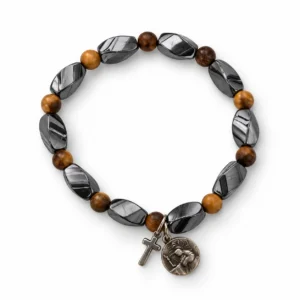 Bracelet dizainier / élastique oeil de tigre & hématite  avec médaille Ste Rita