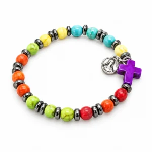Bracelet sur élastique grains pierre peinte et hématite, Ø 7 mm avec croix