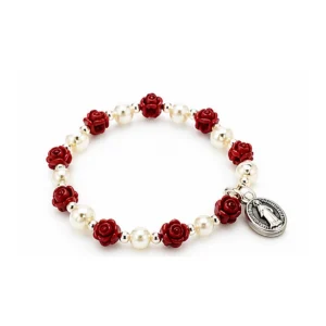 Bracelet dizainier grains rose, et grains nacrés blancs, avec croix et médaille
