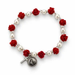 Bracelet dizainier grains rose, et grains nacrés blancs, avec croix et médaille
