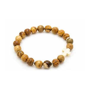 Bracelet élastique 8 mm en pierre coloris jaspe avec croix