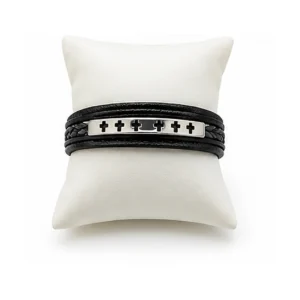 Bracelet en cuir de bovin, acier et polyuréthane noir (21 cm)