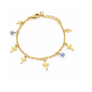 Bracelet plaqué or pampilles croix et perles synthétiques blanche et bleu (16 + 3 cm)