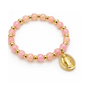 Bracelet en résine col: Rose avec médaille de Ste Rita (dorée) . Pour enfant à partir de 10 ans