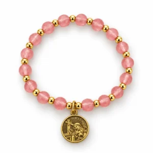 Bracelet en résine col: Rose avec médaille de Ste Rita (dorée) . Pour enfant à partir de 10 ans