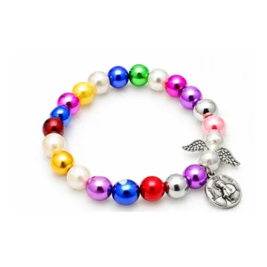 Bracelet pour enfant, grains multicolores en acrylique nacré/ 8 mm & ailes d'ange ( médaille de Ste Rita)