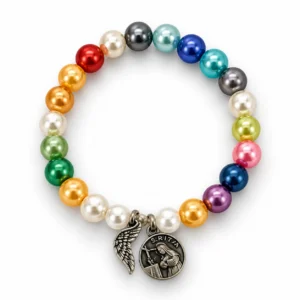 Bracelet pour enfant, grains multicolores en acrylique nacré/ 8 mm & ailes d'ange ( médaille de Ste Rita)