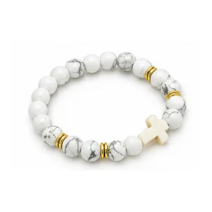 Bracelet en Pierre 8 mm coloris: Turquoise/Blanche avec croix.