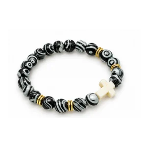 Bracelet en Pierre coloris: Malachite noire/blanche avec croix.