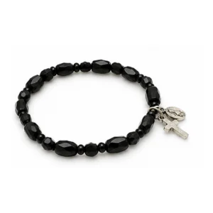 Bracelet noir en hématite & perles en verre avec croix et médaille Sainte Rita