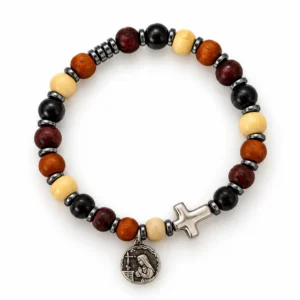 Bracelet élastique grains bois 8 mm & couleurs assorties avec croix métal