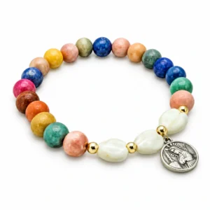 Bracelet en élastique pour enfant /grain bois multicolore & coeur nacré