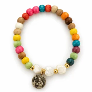 Bracelet en élastique pour enfant /grain bois multicolore & coeur nacré