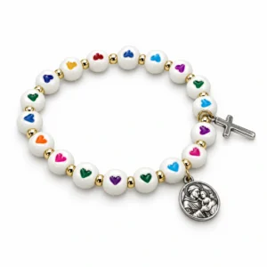Bracelet élastique pour Enfant en acrylique grains ronds blanc 'motif coeurs multicolore'