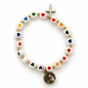Bracelet élastique pour Enfant en acrylique grains ronds blanc 'motif coeurs multicolore'