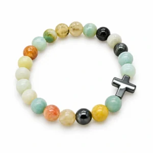 Bracelet sur élastique en pierre amazonite=synthétique & hématite