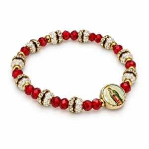 Bracelet  argenté & rouge facette /médaille Ste rita