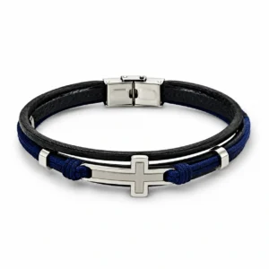 Bracelet homme =col: noir/bleu avec croix en cuir