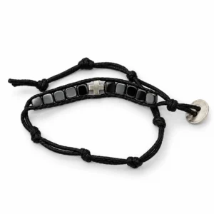 Bracelet en cordon ciré noir & hématite